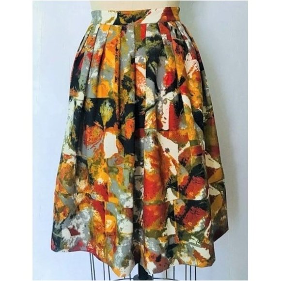 CHELSEA & THEODORE RUST MUSTARD GREEN ABSTRACT WATERCOLOR FULL SKIRT 12 NWOT - Picture 8 of 9